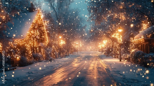 Snowy street adorned with festive lights.