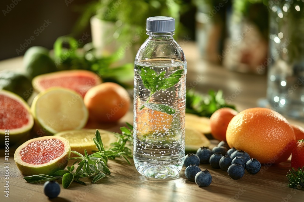 Refreshing water bottle with fruits and herbs. Refreshing water bottle with fruits and herbs.
