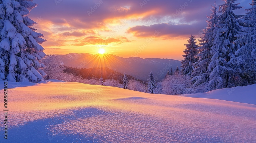 Serene winter landscape at sunrise. Serene winter landscape at sunrise.