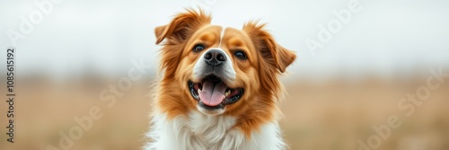 A cheerful, medium-sized dog with a predominantly reddish-brown coat and white chest fur faces the camera photo