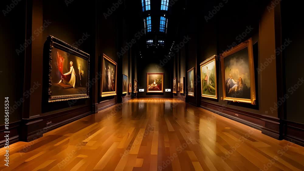 A grand art gallery featuring illuminated paintings on dark walls with a wooden floor and dramatic skylight overhead.