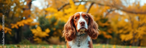 A brown and white springer spaniel dog is the focus, its gaze directed slightly upward photo