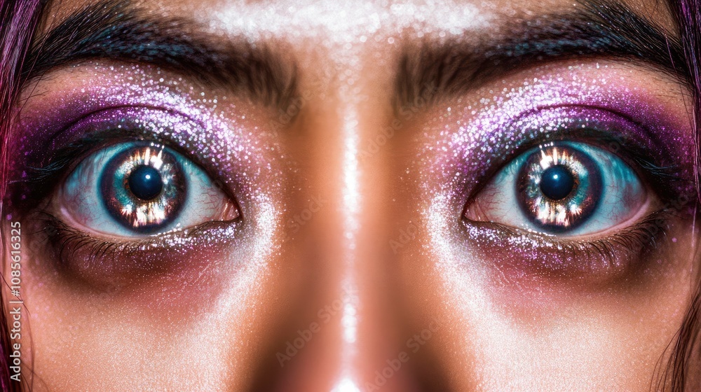 Fototapeta premium Close-up of Woman's Eyes with Sparkling Purple Eye Makeup
