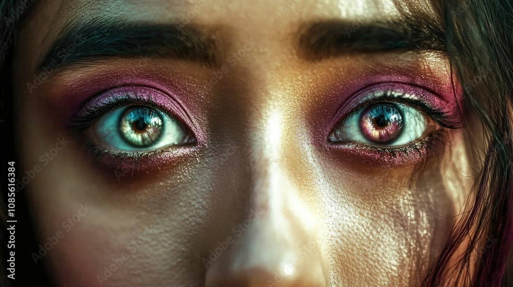 Close-up of Woman's Eyes with Pink Makeup and Dramatic Lighting Close-up of Woman's Eyes with Pink Makeup and Dramatic Lighting