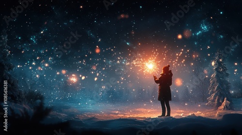 New Years Eve scene as a person holds a sparkler in the snowy outdoors capturing the warmth and joy of celebrating the New Year in a winter wonderland. Image made using Generative AI