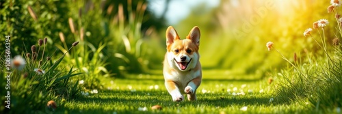 A joyful corgi dog is captured mid-stride, bounding across a vibrant green meadow