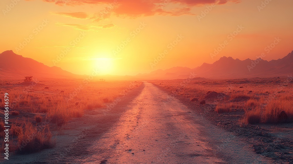 Serene sunset over a winding road in a desert landscape. Serene sunset over a winding road in a desert landscape.