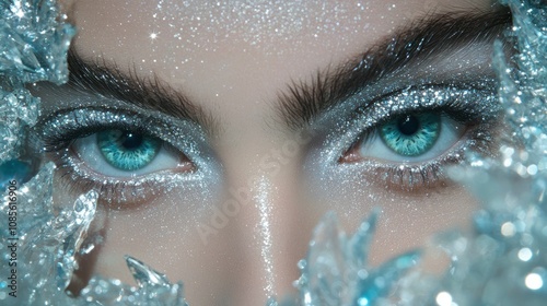 Enchanting Ice Queen Gaze Close-up of Woman's Eyes with Sparkling Winter Makeup