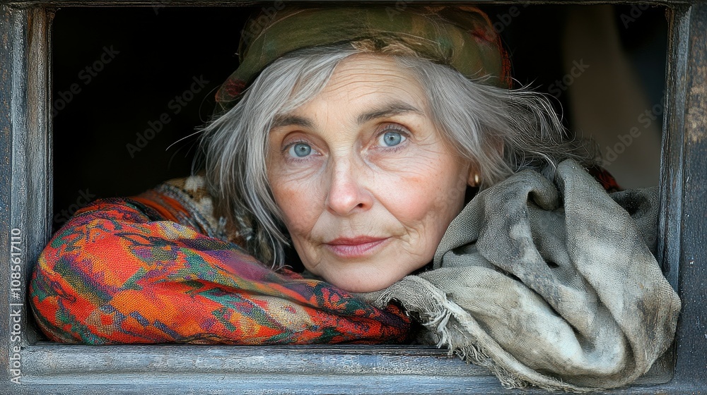 An elderly woman with silver hair looks out from a weathered window. She wears a patterned scarf and colorful clothing, reflecting a life of experiences and stories held in her gaze An elderly woman with silver hair looks out from a weathered window. She wears a patterned scarf and colorful clothing, reflecting a life of experiences and stories held in her gaze
