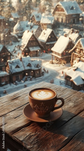 cup of coffee on the windowsill, snowy town in the background