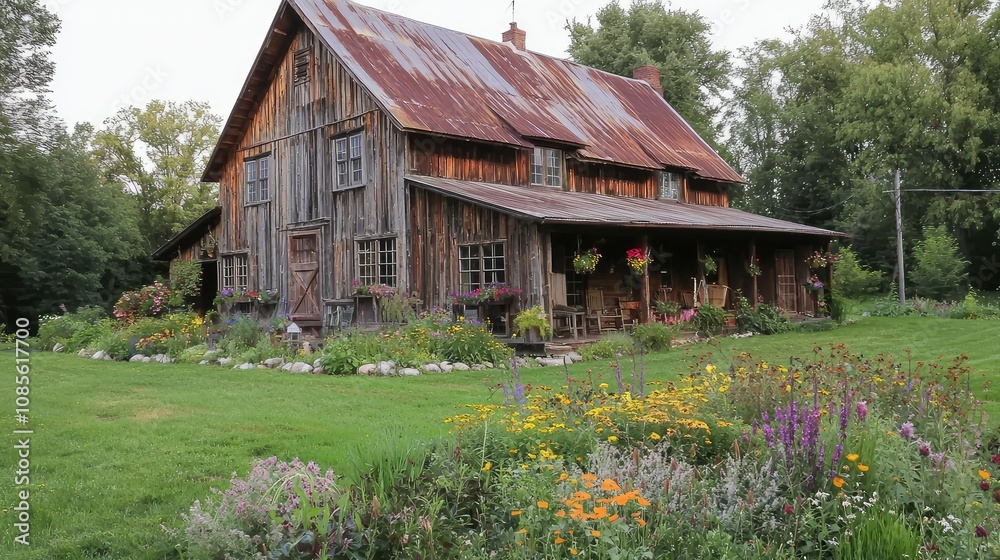 Fototapeta premium Rustic Old Farmhouse Surrounded by Wildflowers