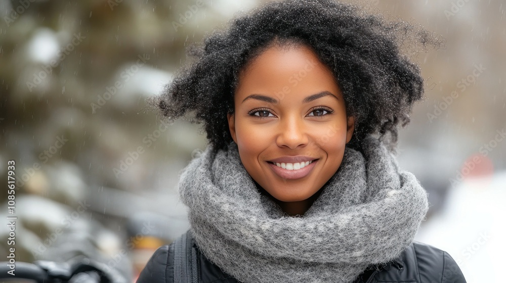 A woman stands outdoors smiling brightly during a snowfall, wrapped in a thick scarf. Snowflakes gently fall around her, creating a joyful winter atmosphere A woman stands outdoors smiling brightly during a snowfall, wrapped in a thick scarf. Snowflakes gently fall around her, creating a joyful winter atmosphere