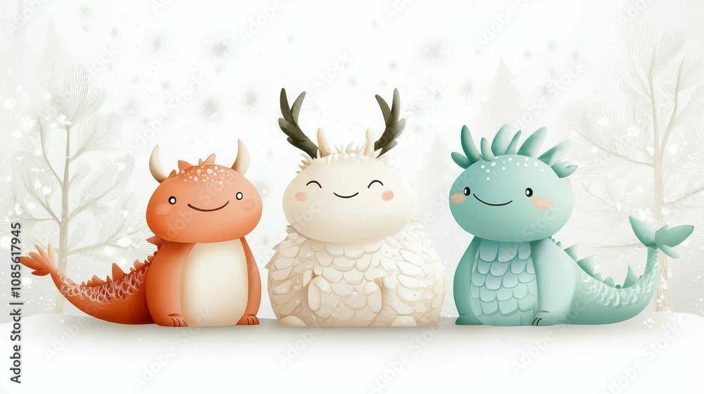Fototapeta premium Chinese new year celebration new beginnings concept, A whimsical illustration featuring three cute monster characters in pastel colors, set against a snowy backdrop with trees.