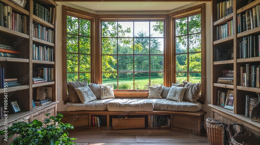 Cozy Farmhouse Interior with Reading Nook and View Cozy Farmhouse Interior with Reading Nook and View