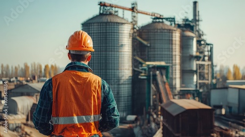 Worker Overlooks Construction at Industrial Site with Silos