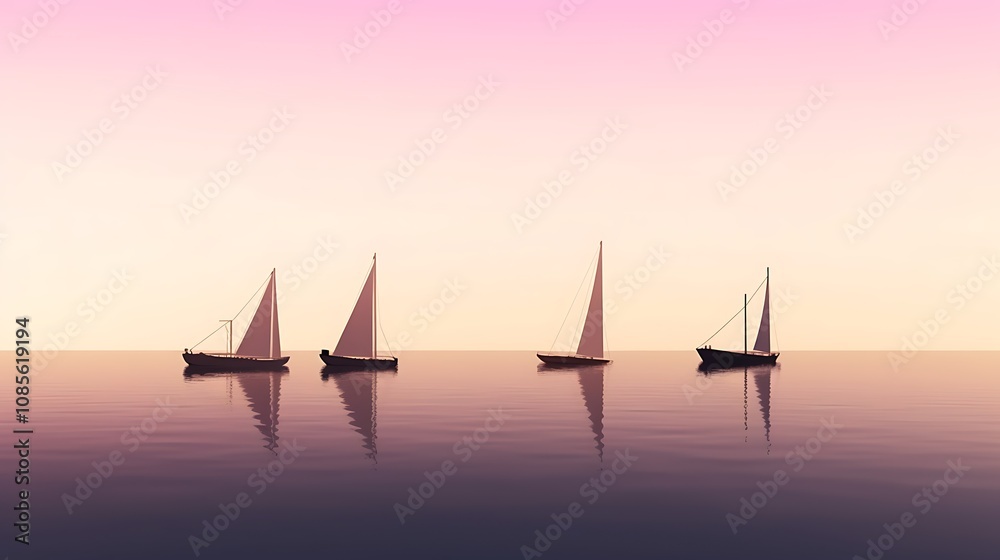 Naklejka premium Sailboats at Sunset Peaceful Serene Ocean View