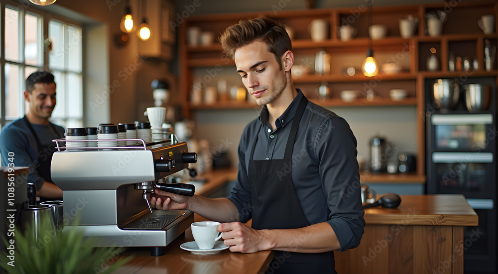 A young caucasian barista prepares coffee in a cozy café with warm lighting and wooden decor, showcasing a lively atmosphere of café culture A young caucasian barista prepares coffee in a cozy café with warm lighting and wooden decor, showcasing a lively atmosphere of café culture