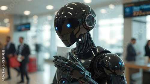 A sleek black AI robot serves coffee to passengers in an airport lounge. Its polite demeanor, glossy surface details and clean blue reflections are eye-catching.