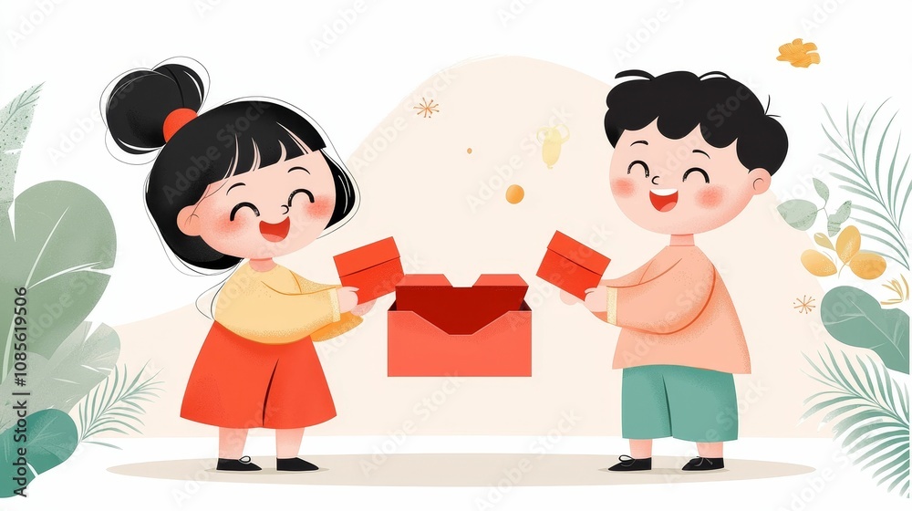 Chinese new year celebration new beginnings concept, Two cheerful children exchange red gift boxes, surrounded by playful designs and greenery, celebrating joy and friendship. Chinese new year celebration new beginnings concept, Two cheerful children exchange red gift boxes, surrounded by playful designs and greenery, celebrating joy and friendship.