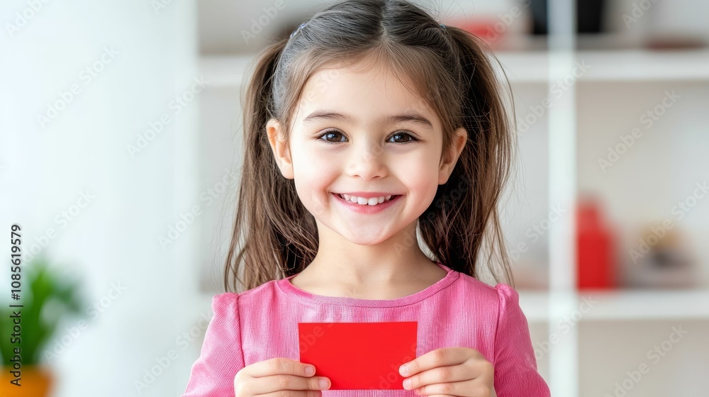 Chinese new year celebration new beginnings concept, A cheerful young girl with pigtails holds a red card, smiling brightly in a well-lit, cozy room filled with soft colors and minimal decor. Chinese new year celebration new beginnings concept, A cheerful young girl with pigtails holds a red card, smiling brightly in a well-lit, cozy room filled with soft colors and minimal decor.