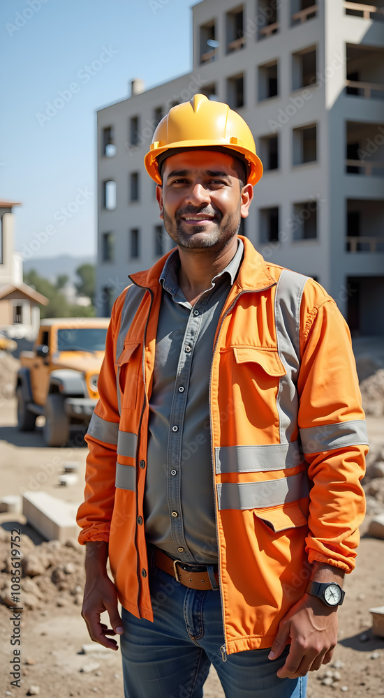 A male hispanic construction worker stands confidently on a building site wearing an orange safety jacket and helmet with construction machinery in the background A male hispanic construction worker stands confidently on a building site wearing an orange safety jacket and helmet with construction machinery in the background