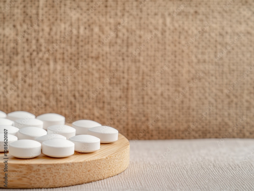Neatly Arranged White Tablets Wooden Tray Home Setting Product Minimalist Environment Close-up Health Concept Neatly Arranged White Tablets Wooden Tray Home Setting Product Minimalist Environment Close-up Health Concept
