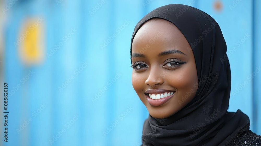 A young woman wearing a black hijab stands confidently in front of a vibrant blue wall, smiling warmly. The sunlight highlights her joyful expression in an urban environment A young woman wearing a black hijab stands confidently in front of a vibrant blue wall, smiling warmly. The sunlight highlights her joyful expression in an urban environment