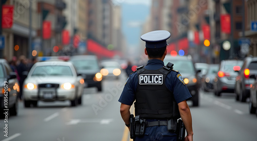 Wallpaper Mural A latina police officer patrolling a busy street stands confidently amidst traffic guiding safety and authority in an urban setting Torontodigital.ca