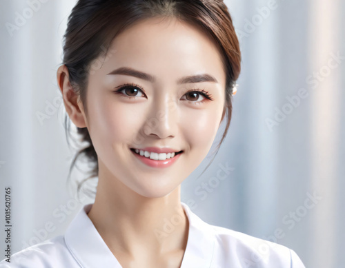 Asian nurse smiles confidently and looks at the camera. She wears a nurse uniform that highlights her professionalism. Natural light provides a soft focus and highlights her calm facial expression.