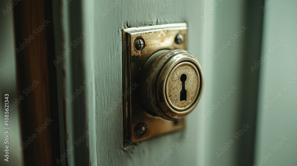 Close-up of Antique Brass Door Knob and Keyhole on Weathered Door Close-up of Antique Brass Door Knob and Keyhole on Weathered Door