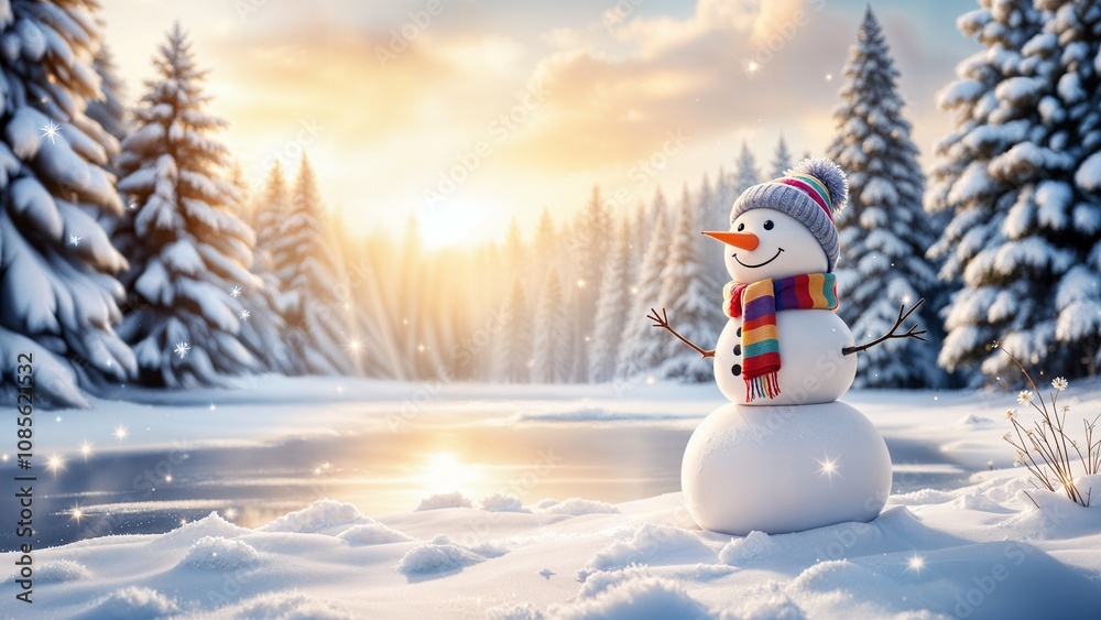Obraz premium a peaceful winter landscape featuring a happy snowman in the foreground 