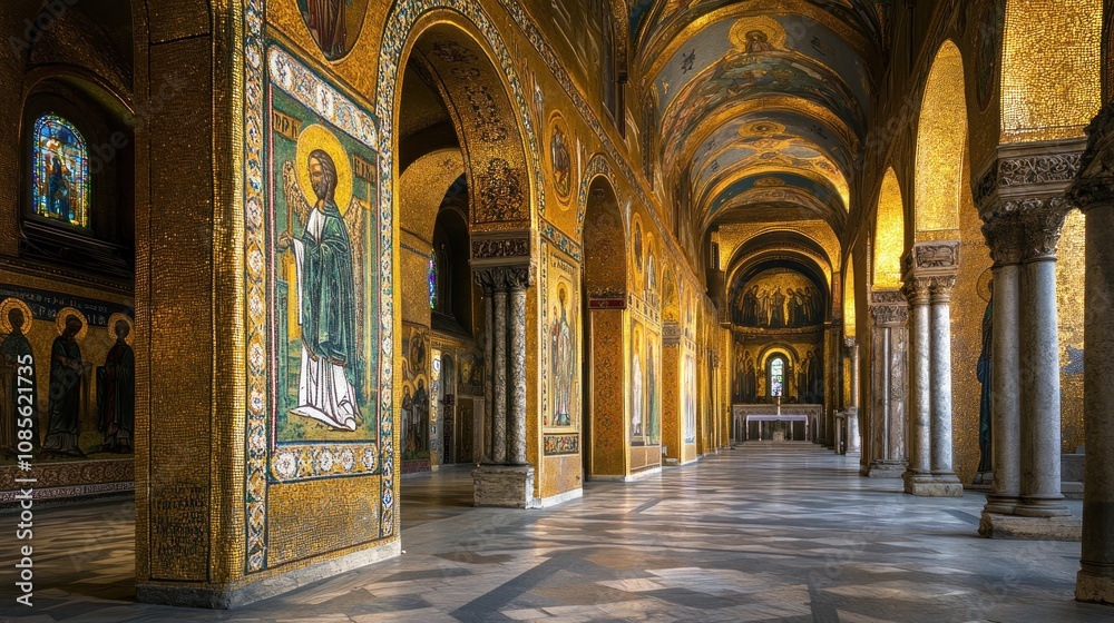 A grand interior of a church featuring ornate mosaics and golden arches. A grand interior of a church featuring ornate mosaics and golden arches.