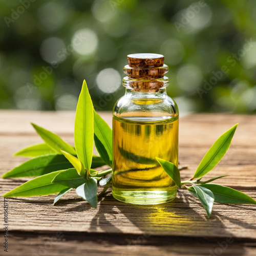 Tea tree oil next to fresh green tea tree leaves