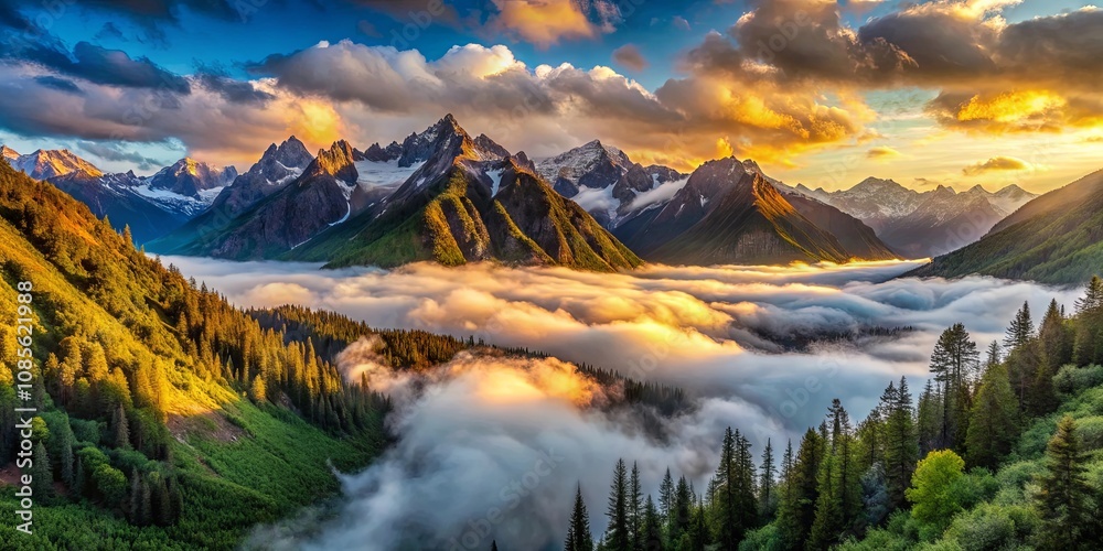 A breathtaking panorama of majestic mountains bathed in the warm glow of a sunrise, with a sea of clouds swirling through the valleys, creating a mesmerizing spectacle of nature's beauty. A breathtaking panorama of majestic mountains bathed in the warm glow of a sunrise, with a sea of clouds swirling through the valleys, creating a mesmerizing spectacle of nature's beauty.