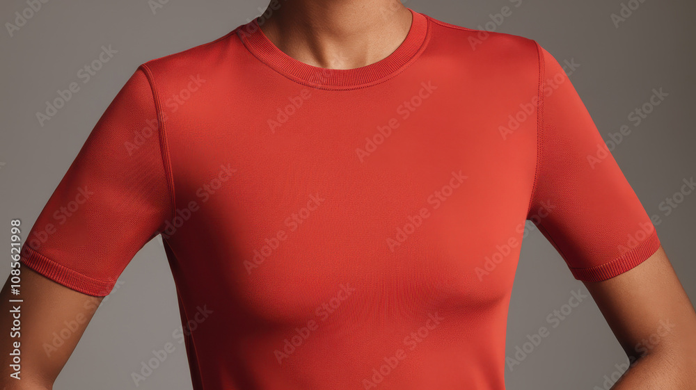 A confident female model of Asian descent wears a bold red short-sleeve top, showcasing a sleek silhouette against a minimalist background. A confident female model of Asian descent wears a bold red short-sleeve top, showcasing a sleek silhouette against a minimalist background.