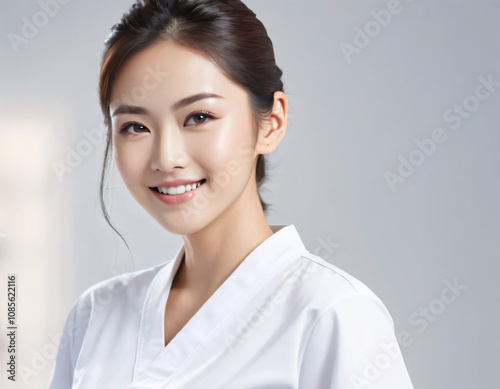 Asian nurse smiles confidently and looks at the camera. She wears a nurse uniform that highlights her professionalism. Natural light provides a soft focus and highlights her calm facial expression.