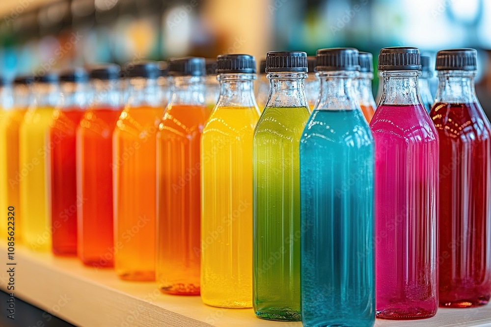 Colorful bottled beverages arranged on a shelf.