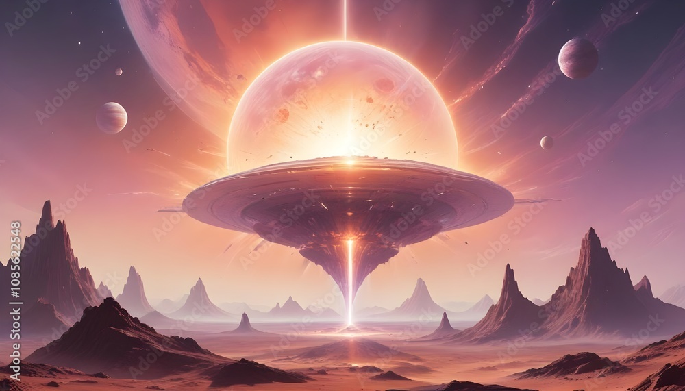 A mysterious futuristic spacecraft hovers above a distant alien planet its glowing energy core puls A mysterious futuristic spacecraft hovers above a distant alien planet its glowing energy core puls