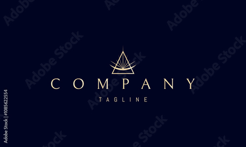 Vector golden logo with an abstract image of the moon with rays in a triangle.