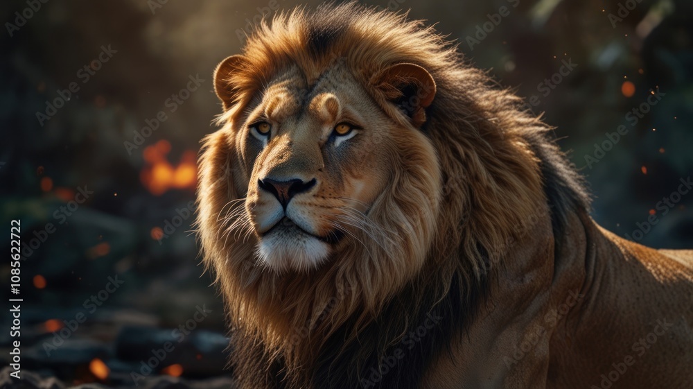 A majestic lion with a golden mane stares intensely at the viewer with a backdrop of fire and bokeh.