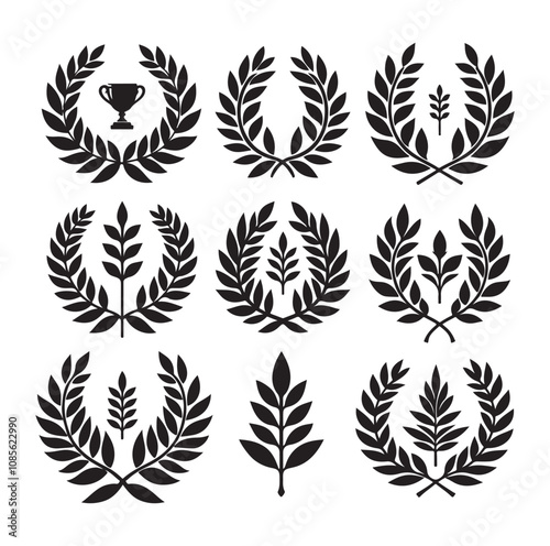 laurel wreath Vector Black silhouettes icon set.