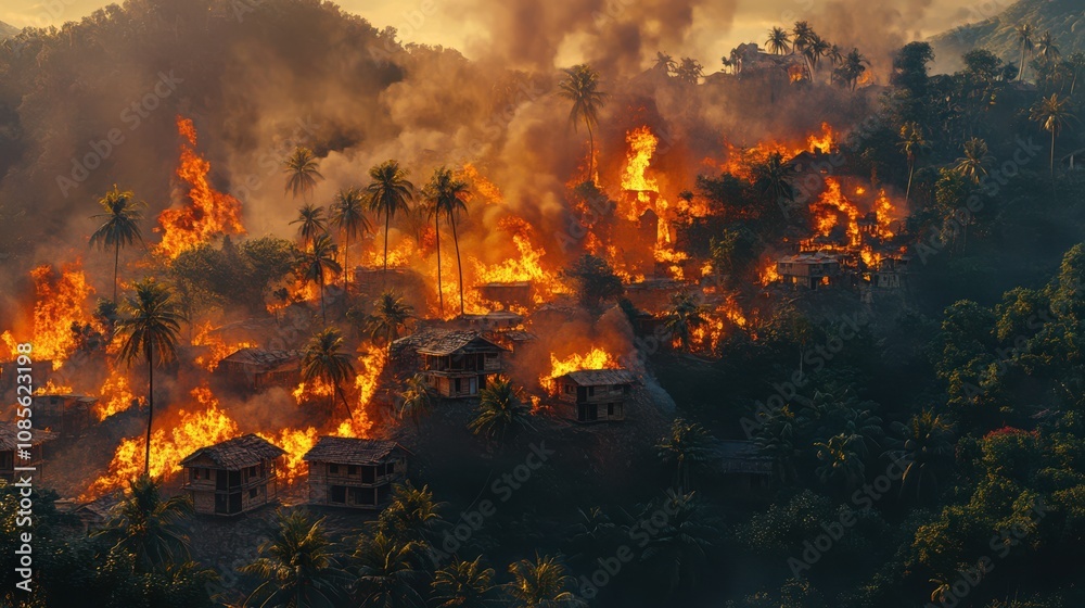 Burning forest village at night with flames and smoke creating a dramatic cinematic scene Burning forest village at night with flames and smoke creating a dramatic cinematic scene