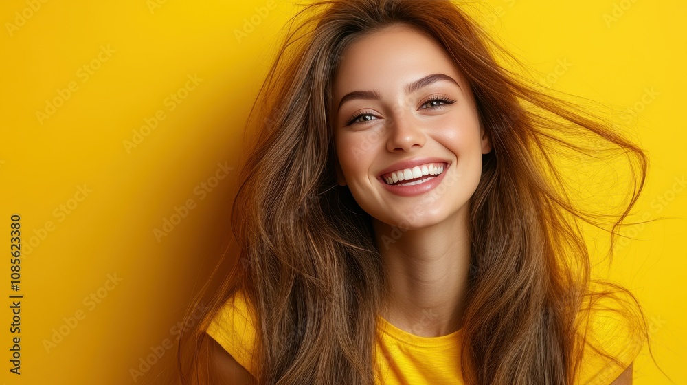 A young woman with long hair beams joyfully, her playful expression radiating happiness. The bright yellow backdrop enhances her cheerful demeanor, creating an uplifting mood