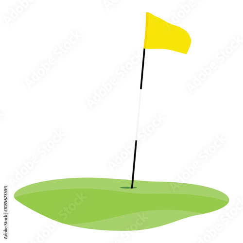 Green golf field and yellow golf flag