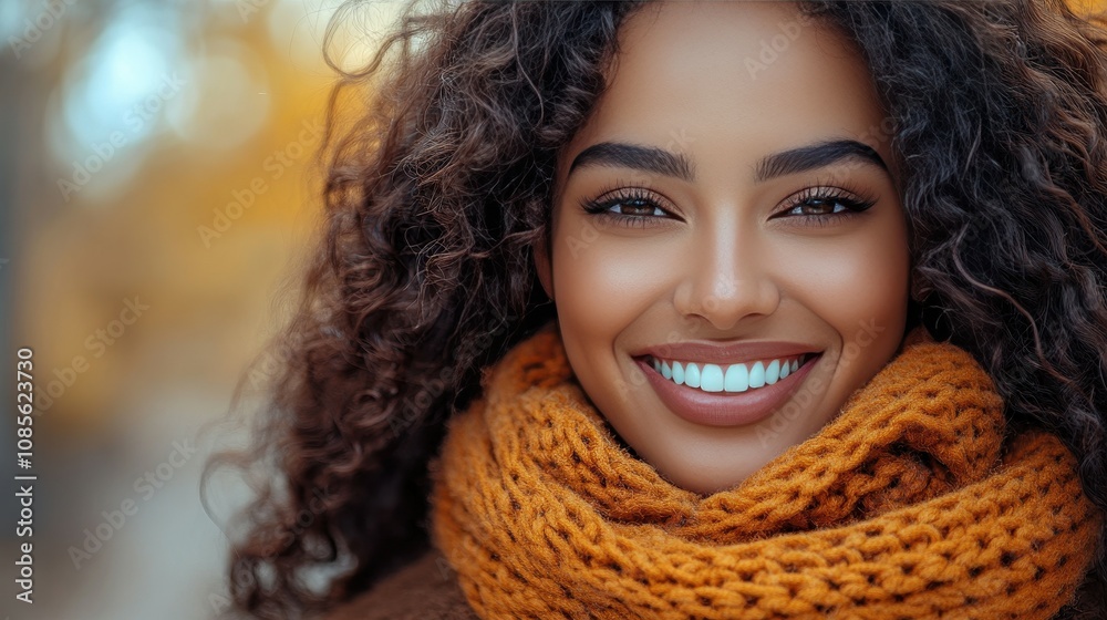 A young woman with beautiful curly hair is smiling brightly while wearing a thick orange scarf. The background features vibrant autumn colors, creating a cheerful atmosphere A young woman with beautiful curly hair is smiling brightly while wearing a thick orange scarf. The background features vibrant autumn colors, creating a cheerful atmosphere