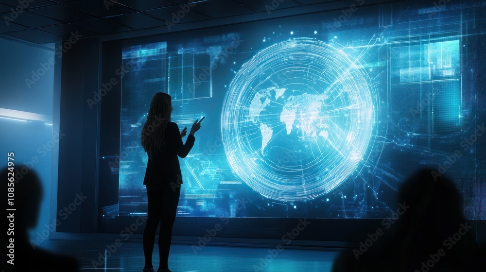 A silhouette presents data on a digital screen. A silhouette presents data on a digital screen.