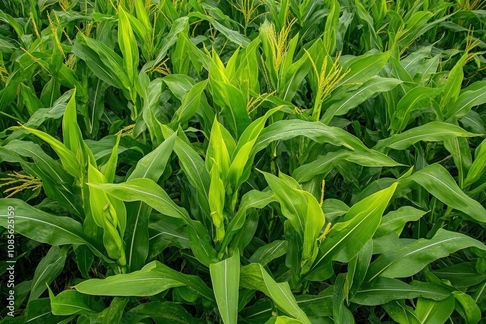 Close-up of a lush, green cornfield with rows of growing corn plants under a clear sky, signifying healthy agriculture and crop growth.. Beautiful simple AI generated image Close-up of a lush, green cornfield with rows of growing corn plants under a clear sky, signifying healthy agriculture and crop growth.. Beautiful simple AI generated image