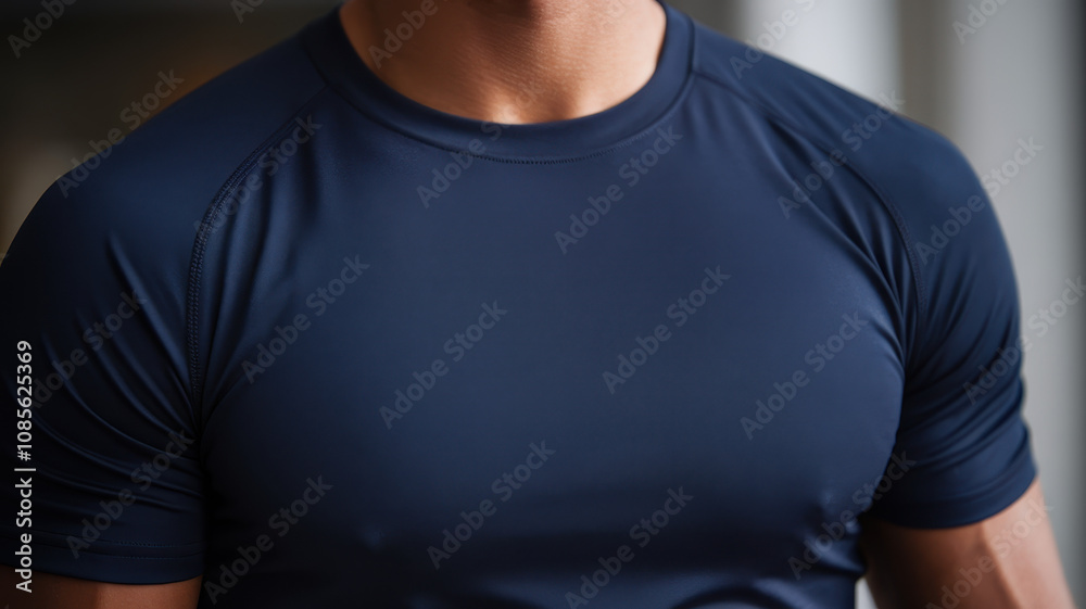 Close-up of a muscular man in a fitted navy blue athletic shirt, showcasing a focused expression and a commitment to fitness. Close-up of a muscular man in a fitted navy blue athletic shirt, showcasing a focused expression and a commitment to fitness.
