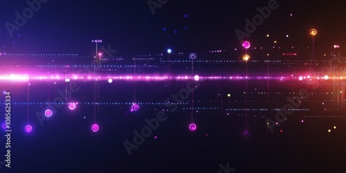 Innovative timeline chart with glowing pathways and digital markers, advanced tech design,