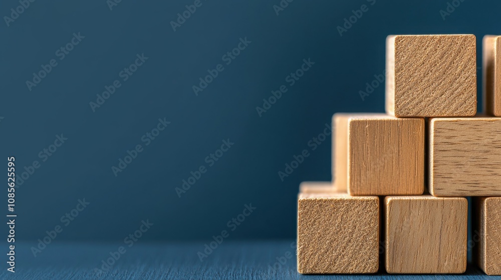 Business SEO Wood Block Concept. A simple arrangement of wooden blocks stacked in a pyramid shape against a dark blue background, emphasizing minimalism and geometric design. Business SEO Wood Block Concept. A simple arrangement of wooden blocks stacked in a pyramid shape against a dark blue background, emphasizing minimalism and geometric design.